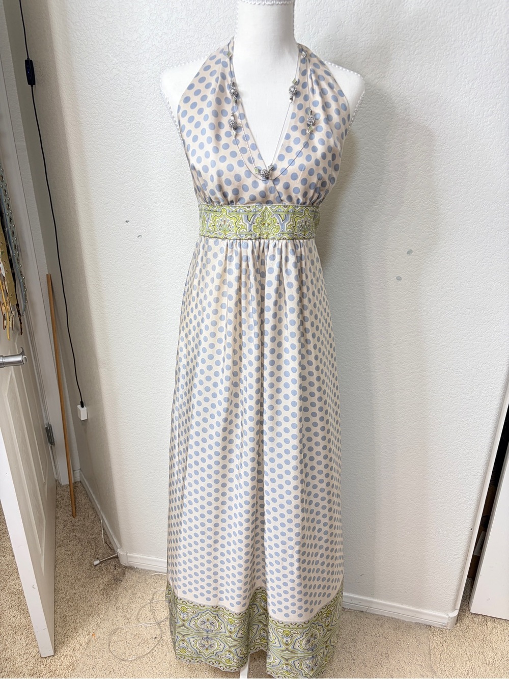 BCBGMaxazria 100% Silk Halter Polka Dot Maxi Dress in Light Green and Cream - M